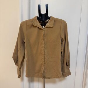 Tan Button-Up Blouse with flowy bubble sleeves